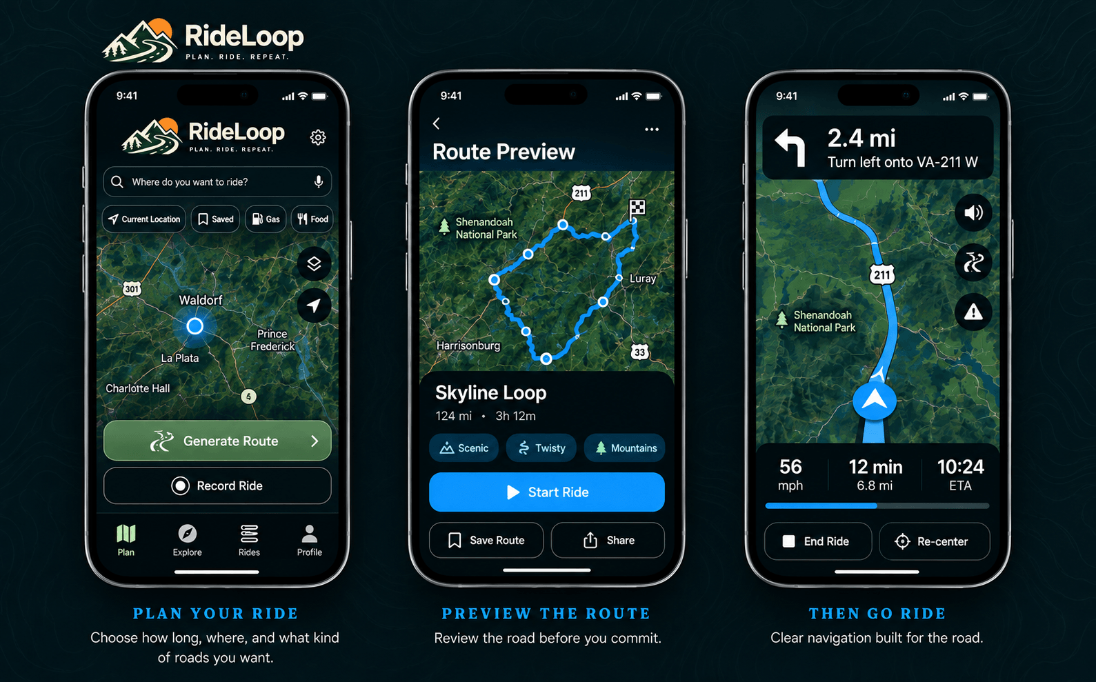 RideLoop app screens showing motorcycle route planning, route preview, and turn-by-turn navigation.